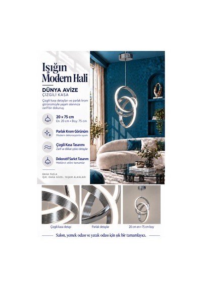 Dünya Büyük Modern Ledli Avize Çizgili 3 Renk Power Ledli Krom Kaplama Çoçuk Odası Yatak Odası Mutfak