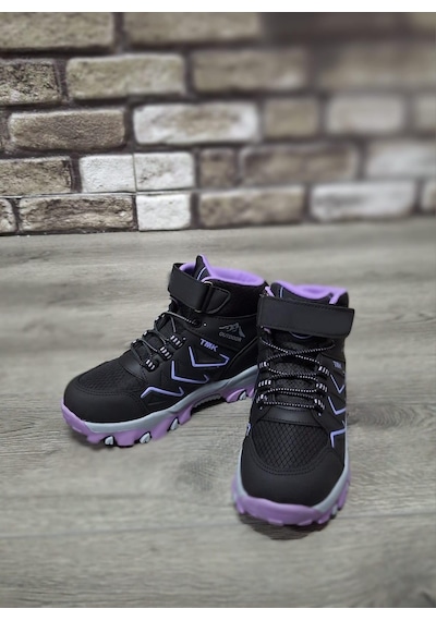 Rahat Konforlu Taban Outdoor Spor Cırtlı Çocuk Botu Siyah - Lila