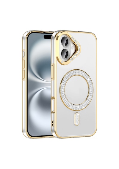 Apple Uyumlu iPhone 16 Kılıf Pırlanta Taş Tasarımlı Kablosuz Şarj Özellikli Karetta Silikon Kapak