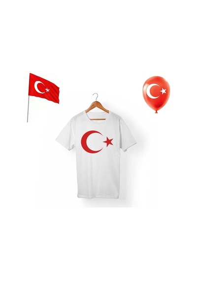 Masho Kids Beyaz Unisex Baskılı Ay Yıldız Tshirt + Balon + Bayrak Beyaz