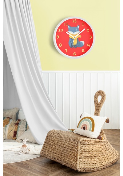 Sevimli Tilki Çocuk Odası Duvar Saati - 35cm - Önü Camlı Beyaz Kasa - Sessiz Mekanizma Beyaz