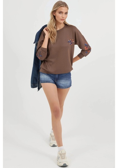 Fiolin Modal Dokulu İşlemeli Bisiklet Yaka Sweatshirt Kahve Rengi