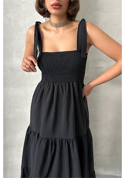 Neşeli Butik Kadın Askılı Poplin Kumaş Yazlık Elbise Nbg091 Siyah