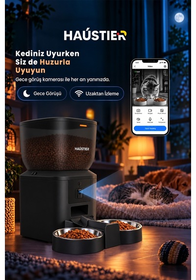 Qq025-dual Kameralı Akıllı Otomatik Kedi Mama Kabı, 480p Gece Görüşlü 2.4ghz, 4lt, Çift Metal Kase