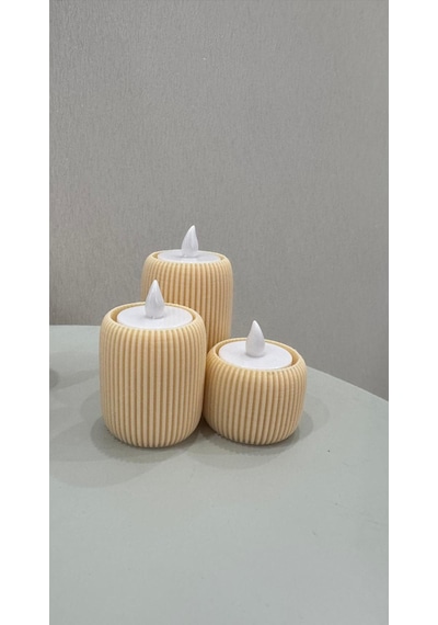 3 Lü Tealight Mumluk Seti Dekoratif Modern Silindir Tasarım-lüks Tasarım- Dekoratif Işık Seti Krem