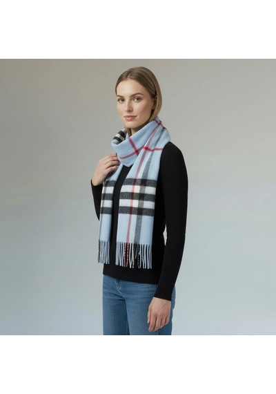Klasik Ekose Püsküllü Kadın Atkı & Şal 50x190 Cm Mavi