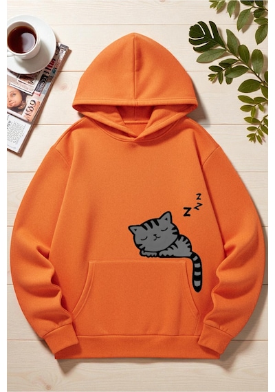 Uyguntarz Unisex Uyuyan Kedi Baskılı Kapüşonlu Sweatshirt Turuncu