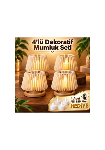 4 Lü Dekoratif Led Tealight Mumluk Seti - Masaüstü Aydınlatma - Pilli Mumlar Dahil Açık