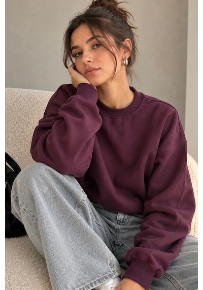 Bbbutikbasic 3 İplik Şardonlu Kısa Sweatshirt Bisiklet Yaka Kadın 3 İplik Şardonlu My3535 Bordo