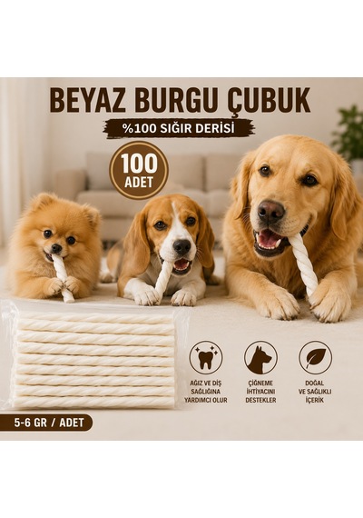 Beyaz Burgu Çubuk Köpek Ödül Kemiği 100 Lü Paket