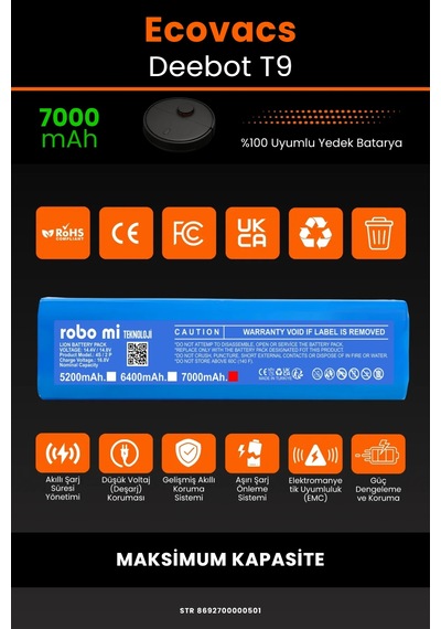 Ecovacs Deebot T9 Uyumlu 7000mah Robot Süpürge Bataryası - Maksimum Kapasite