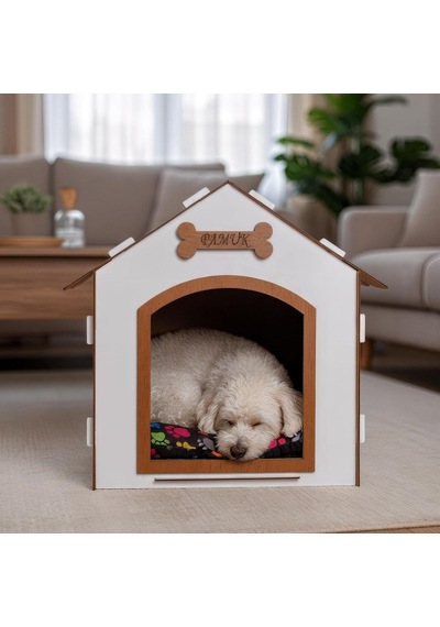 Ahşap Dekoratif Kedi Ve Köpek Evi Ve Minderi, Köpek Kulübesi, Mdf Materyal Beyaz Kahverengi, Standart