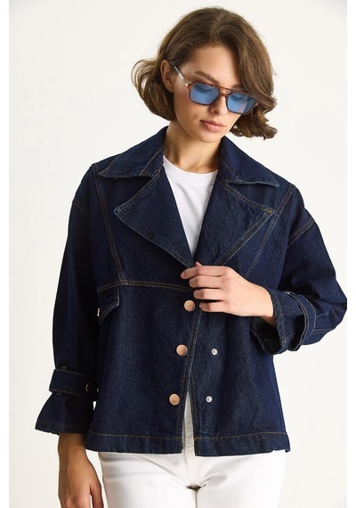 Shade Kadın Geniş Yaka Uzun Kollu Ayarlanabilir Manşetli Denim Ceket 6089 60283543 - Lacivert