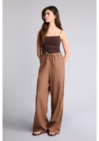 Defacto Wıde Leg Çift Cepli Beli Lastikli Standart Boy Keten Karışımlı Pantolon E1981ax26smbn534 Kahve-bn534