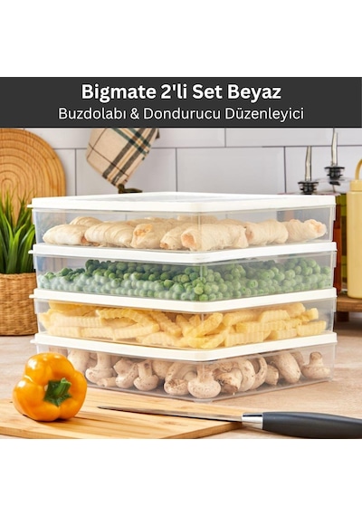 Bigmate 2'li Şeffaf Saklama Kabı 2x2,5 Lt Bgmt2225 Mikrodalga Buzdolabı Ve Dondurucu Uyumlu Düzenleyici Beyaz