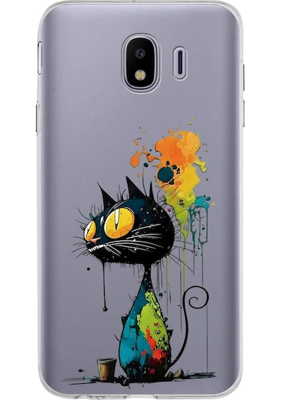 Samsung Galaxy J4 İle Uyumlu Splash Kedi Tasarımlı Şeffaf Silikon Kılıf Şeffaf