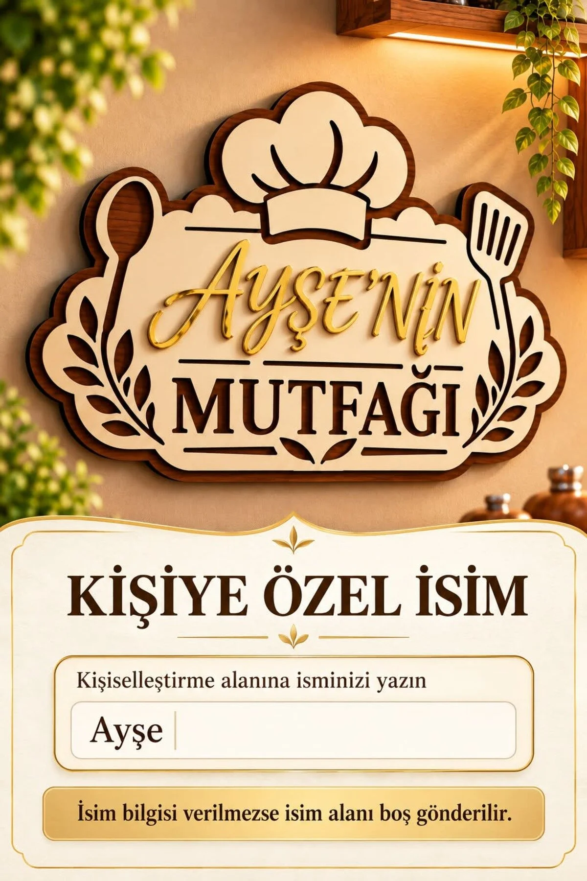Kişiye Özel İsimli Mutfak Tabelası Gold Pleksi Ceviz Krem Mdf Duvar Süsü