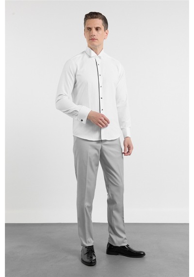 İmza Beyaz Ata Yaka Uzun Kol Cepsiz Slim Fit Pamuklu Gömlek 1004260415