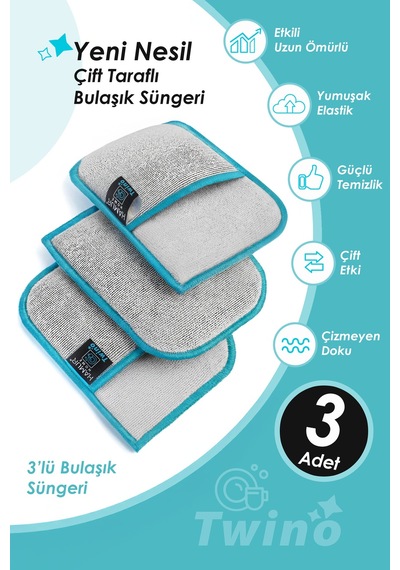Twino 3'lü Bulaşık Süngeri Ultra Güçlü Sert Mutfak Ocak Teli Zor Kir Ovma Mikrofiber Temizlik Bezi