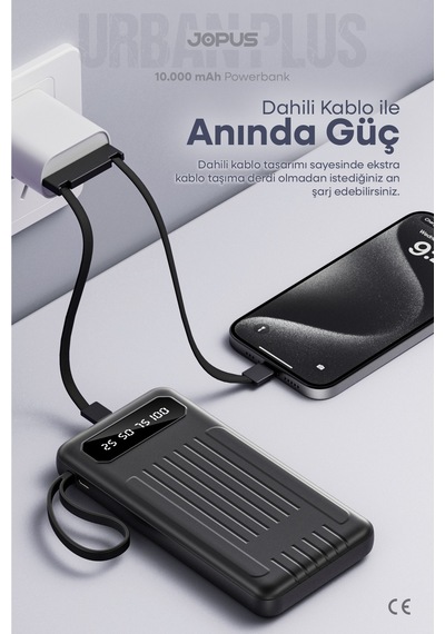 10000mah Powerbank Dahili Kablolu, Lcd Ekranlı, Led Lambalı, Taşınabilir Şarj Cihazı Siyah