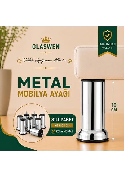 8 Adet Metal Destek Ayağı 10 Cm Krom Mobilya Kanepe Baza Koltuk Ünite Ayakları Metrik 8 Civatalı İnce Diş