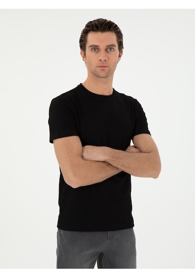 Siyah Slim Fit Çizgi Dokulu Bisiklet Yaka T-shirt