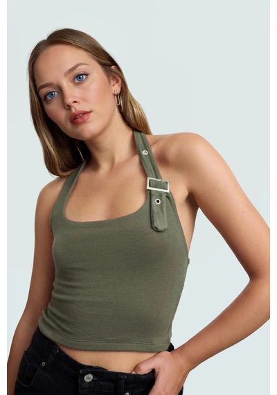 Ersefa Fitted Kalıp Viskoz Ribana Crop Bluz Boyundan Bağlamalı Yaka Günl haki