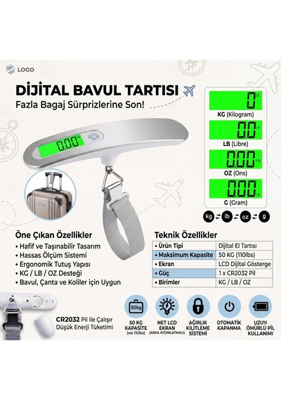 Kompakt Dijital Bavul Tartısı 50 Kg Kapasiteli Lcd Ekranlı