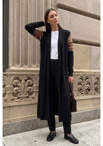 Onno Style Women Kilim Desen Uzun Triko Kadın Hırka Siyah