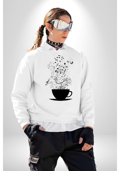 Kahve Müzik Nota Unisex Beyaz Sweatshirt Beyaz