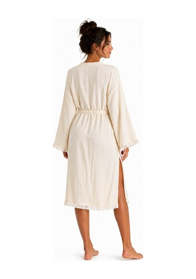 Natural Touch Müslin Kimono Bornoz Püskül Detaylı Yırtmaçlı Spa & Plaj Kimonosu Bej