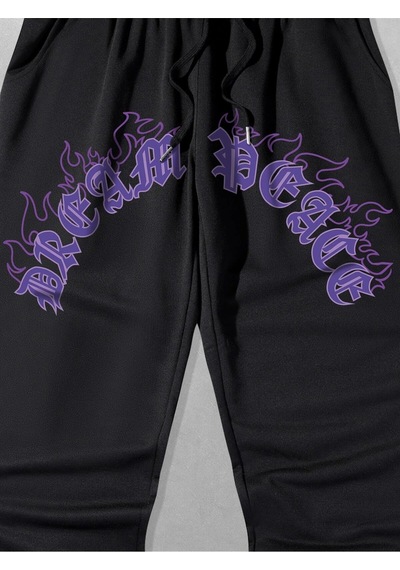 Guys Letter Fire Graphic Drawstring Eşofman Altı Siyah