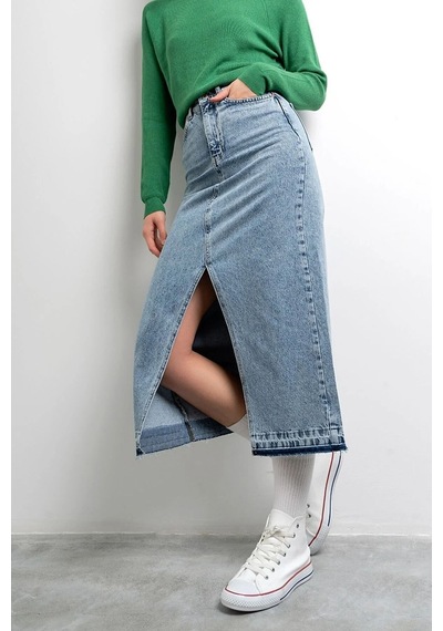 Kaizer Denim Kadın Ortadan Yırtmaçlı Etek Buz Mavi
