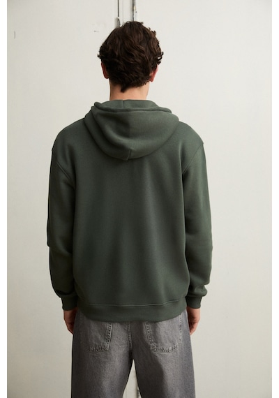 Grimelange Justus Erkek Kapüşonlu Kanguru Cepli Fermuar Yakalı Yeşil Sweatshirt Yeşil
