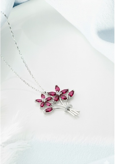 Çekirdekjewelry 925 Ayar Gümüş Kırmızı Taşlı Buket Kolye Gri