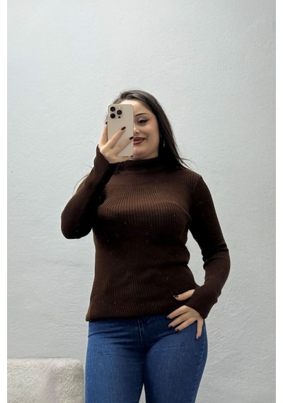 Belendir Kadın Dik Yaka Parmak Geçmeli Triko Body Açık Kahve