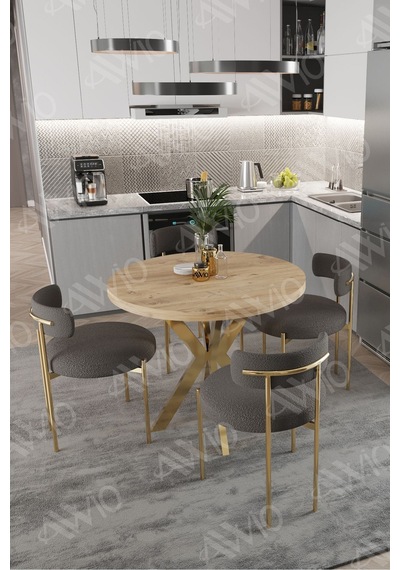 Avvio Frame Mat Gold Ayak 4'lü Teddy Sandalye 90x90 Masa Sandalye Takımı Sandalye Bukle Kumaş Akça