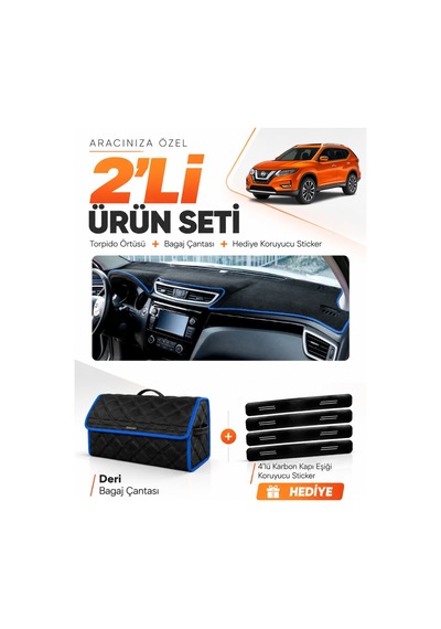 Nissan X-trail 2013-2020 Uyumlu Torpido Örtüsü + Deri Bagaj Çantası + Sticker Seti - Siyah Mavi