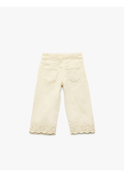 Koton Çiçek Desenli Brodeli Pamuklu Denim Pantolon Bej 5smg40016ad Ekru