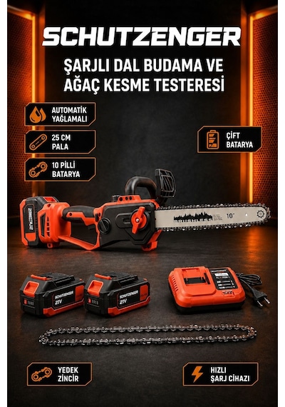 Şarjlı Odun Ağaç Kesme Makinesi 2 Batarya Dal Budama Testere Otomatik Yağlama Kırmızı P11. Kömürsüz Motor