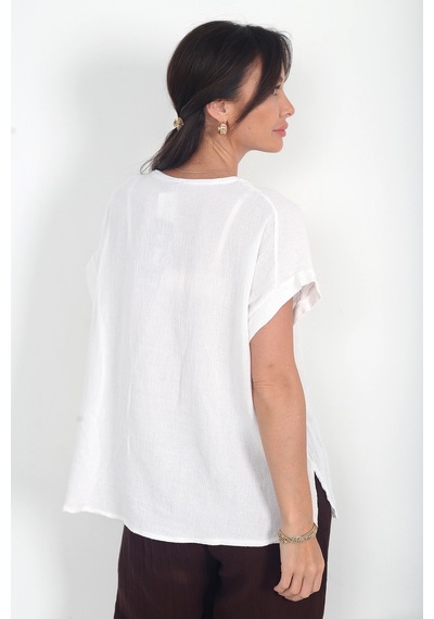 By Saygı Kadın İtalyan Cotton V Yaka Örgü Dantel Tek Cepli Oversize Keten Bluz Ekru