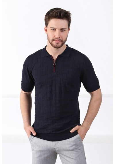 Ferraro Lacivert Polo Yaka Fermuarlı Erkek Pamuk Triko T-Shirt-Lacivert (417942175) Lacivert