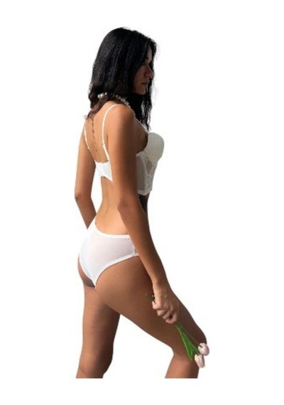 Onsekiz18shop Destekli Taşlı Tül Beyaz Parıltılı Çiçekli Beyaz Büstiyer Takım