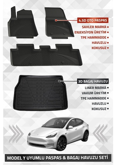 Tesla Model Y 2020-2024 Uyumlu Sahler 4.5d Premium Havuzlu Oto Paspas Ve Liner Marka 3d Bagaj Havuzu