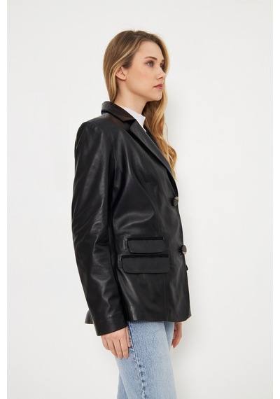 M M Marki Marki Kadın Hakiki Deri Blazer Ceket - Siyah, Düğme Kapamalı, Fit Kesim, 67 Cm - 116722