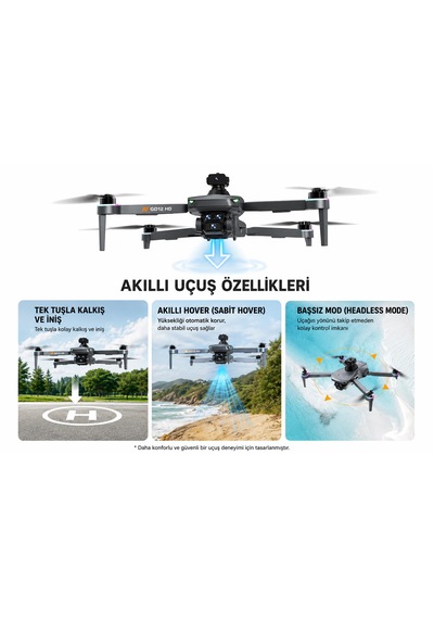 Gd12 Drone Ekranlı Kumanda Sabit Uçuş Fırçasız Motor Tek Tuş İniş Kalkış Başsız Mod 360 Derece Engel Algılama Wifi Cam