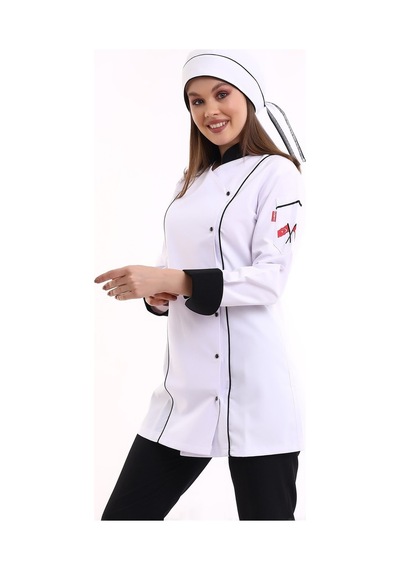 Kadın Aşçı Ceket 01 - Beyaz Siyah Biye-6640