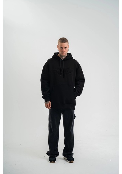 Novalisse Erkek 3 İplik Pamuklu Oversize Kapüşonlu Nakışlı Hoodie Sweatshirt - Siyah Çoklu Renk