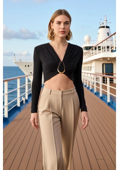 Benerly Kadın Bluz Crop V Yaka Uzun Kol Fitted Kalıp Örme Kumaş Düz Desen siyah