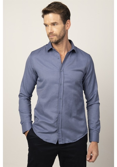 Tudors Slim Fit Dar Kesim Armürlü Erkek Gömlek-16200 Lacivert